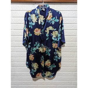 Kathryn Women's Blue Floral Polyester Button Silky Nightshirt Sleep Shirt Small